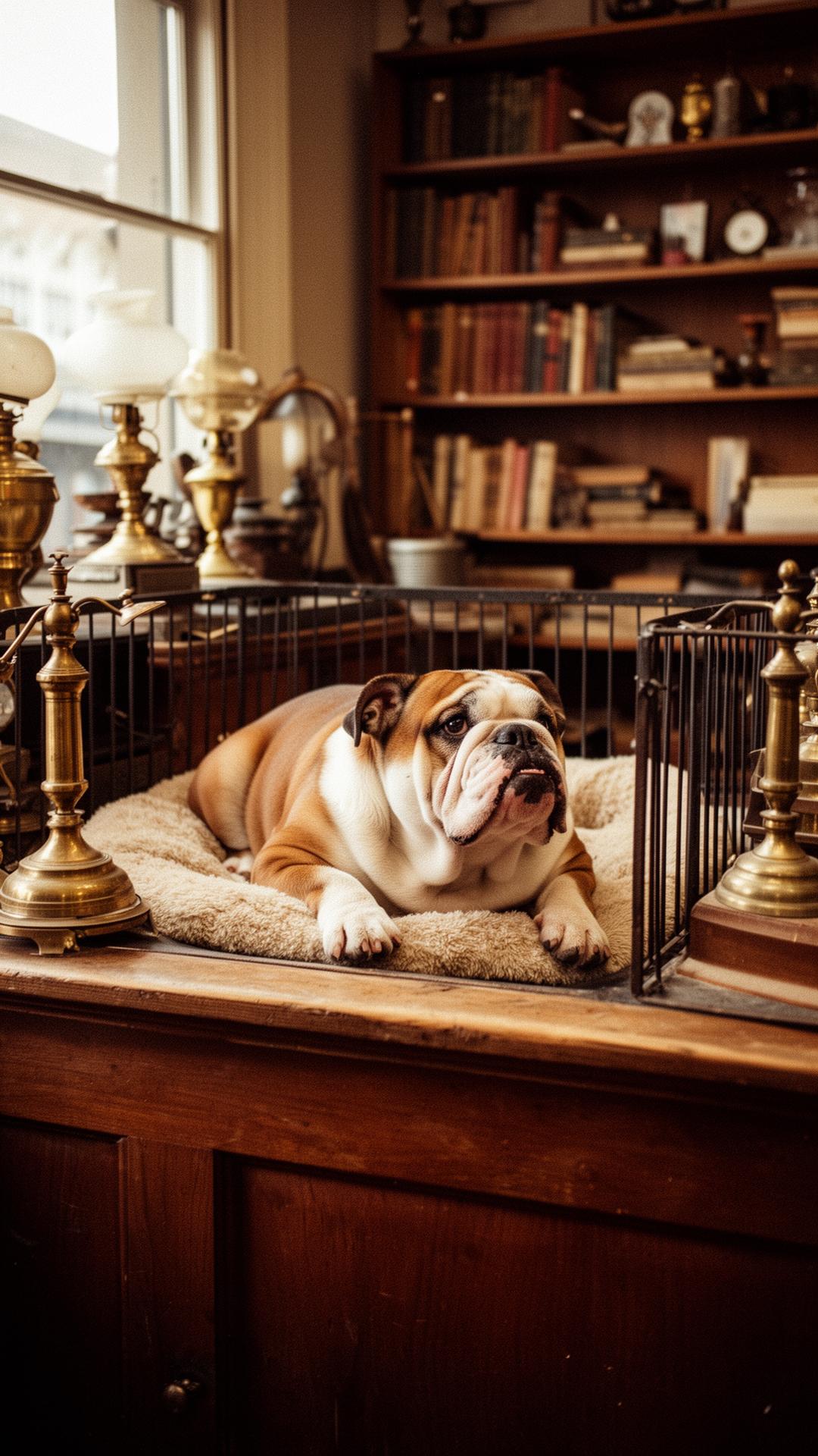 JuJu the English bulldog in her pen behind the counter
